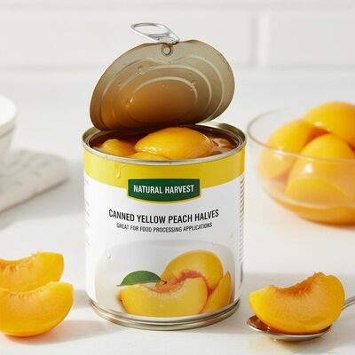 Frutta in scatola Sapore naturale Pesca gialla in scatola Etichetta privata Metà di pesca in scatola Ottima per le applicazioni di lavorazione alimentare